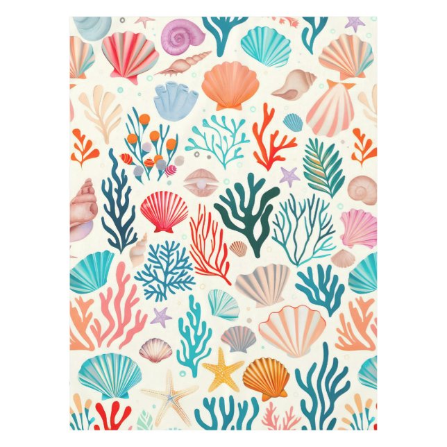 Colourful Tropical Summer Coral Seashell Tablecloth (Front)