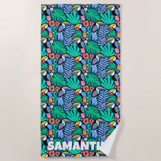 Colourful Tropical Toucan Bird Flowers Plants, Nam Beach Towel
