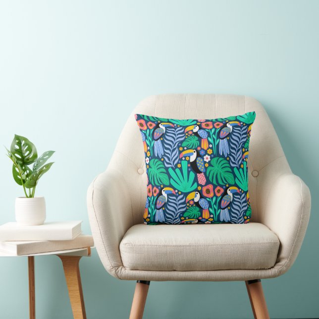 Colourful Tropical Toucan Bird Flowers Plants Throw Pillow (Chair)