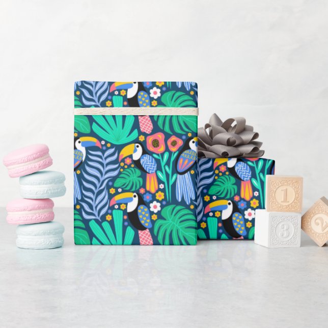 Colourful Tropical Toucan Bird Flowers Plants Wrapping Paper (Baby Shower)