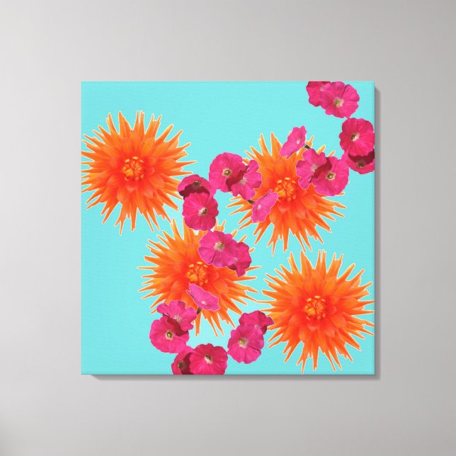 Colourful Tropical Turquoise Orange Pink Flowers Canvas Print (Front)