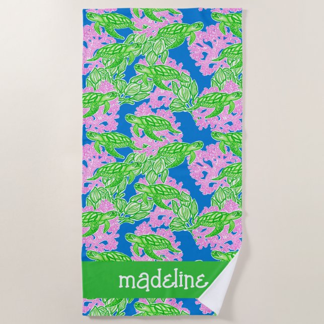 Colourful Tropical Turtles Pattern Personalized Beach Towel (Front)