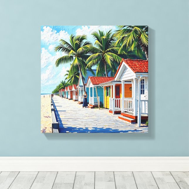 Colourful Tropical Vibrant Beach Huts Canvas Print (Insitu(Wood Floor))