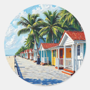 Colourful Tropical Vibrant Beach Huts Classic Round Sticker
