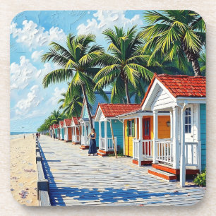 Colourful Tropical Vibrant Beach Huts Coaster