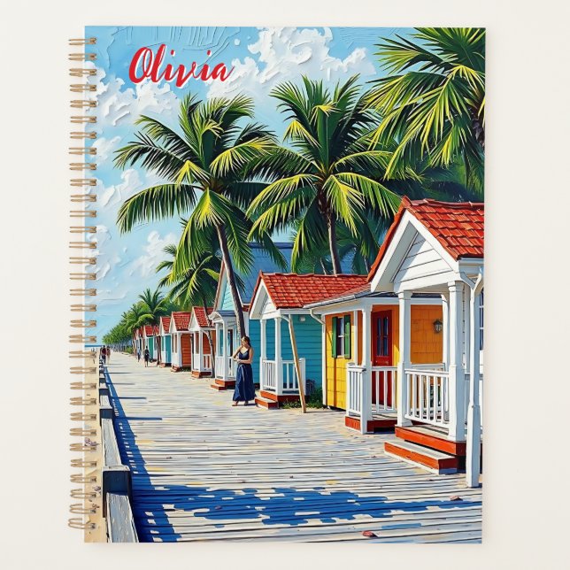 Colourful Tropical Vibrant Beach Huts Planner (Front)
