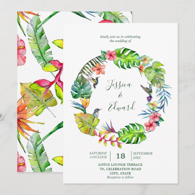 Colourful Tropical Watercolor Floral Wreath Invitation (Front/Back)
