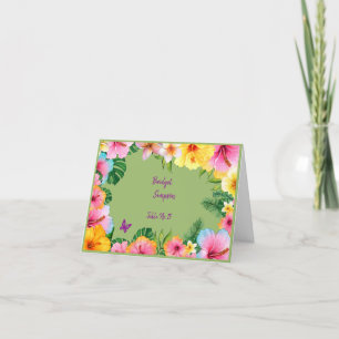colourful tropical wedding guest name seating card