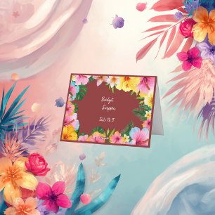 colourful tropical wedding guest name seating card