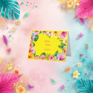 colourful tropical wedding guest name seating card