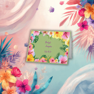 colourful tropical wedding guest name seating card
