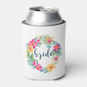 Colourful Tropical Wreath Bride Typography Can Cooler