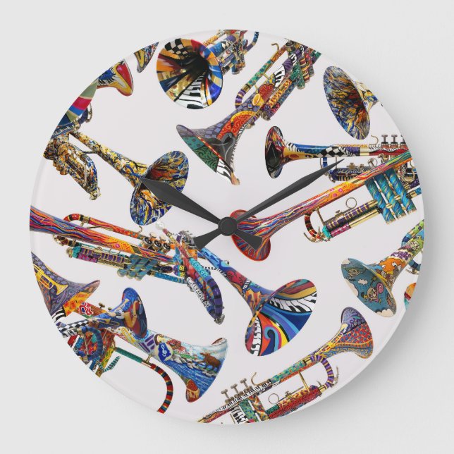 Colourful Trumpets, Trumpets Print, Trumpet Art Large Clock (Front)