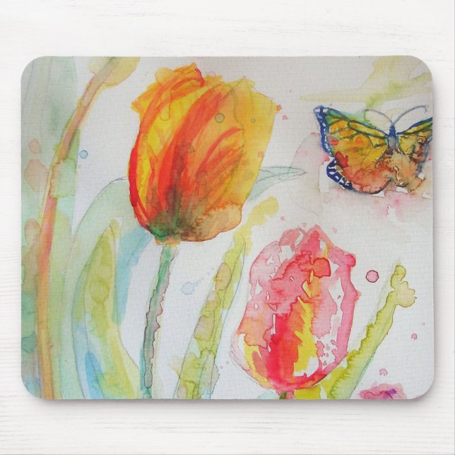 Colourful Tulip and Butterfly Watercolor floral Mouse Pad (Front)