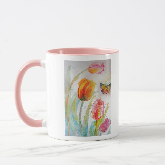 Colourful Tulip and Butterfly Watercolor floral Mug (Left)