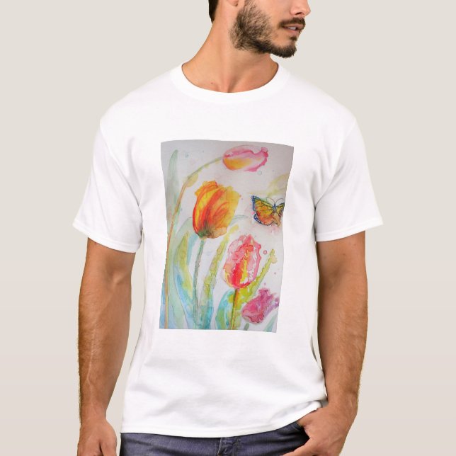 Colourful Tulip and Butterfly Watercolor floral T-Shirt (Front)