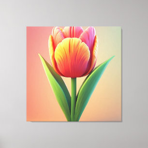 Colourful Tulip Bloom With Green Leaves Canvas Print