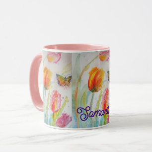Colourful Tulip Butterfly Watercolor Customizable  Mug