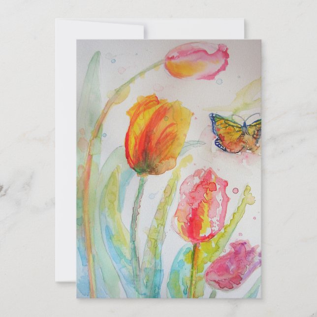Colourful Tulip Butterfly Watercolor Flat Card (Front)