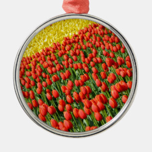 Colourful tulip farm print metal ornament