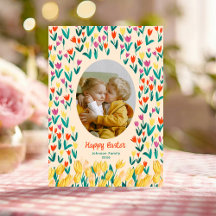Colourful Tulip Happy Easter Family Photo Greeting