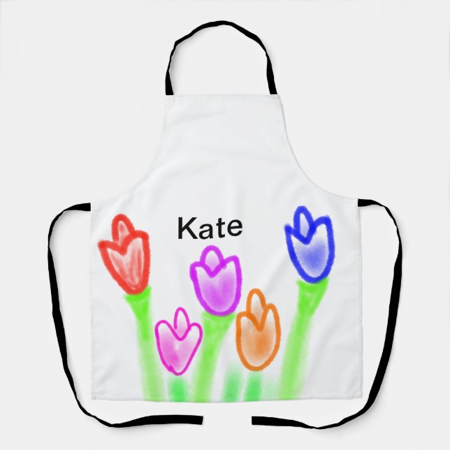 Colourful tulip watercolor add name text modern  apron (Front)