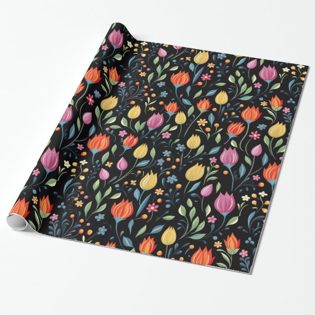 Colourful tulipes Easter Flowers Pattern Wrapping Paper (Unrolled)
