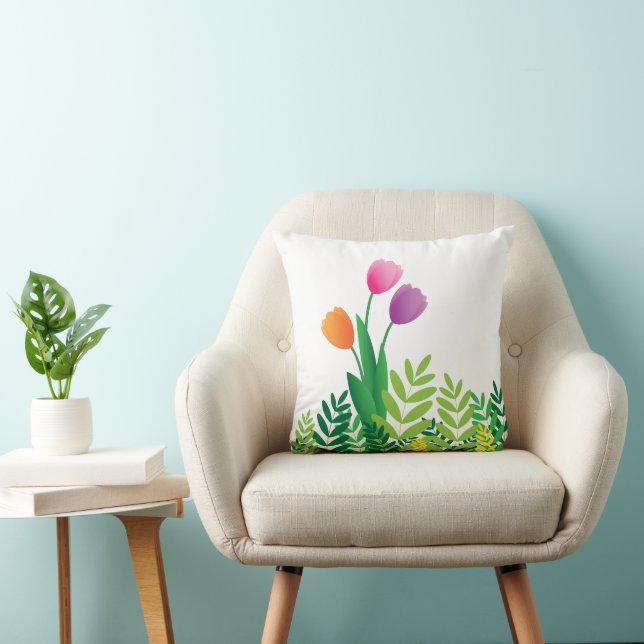 Colourful Tulips and Green Vegetation Throw Pillow (Chair)