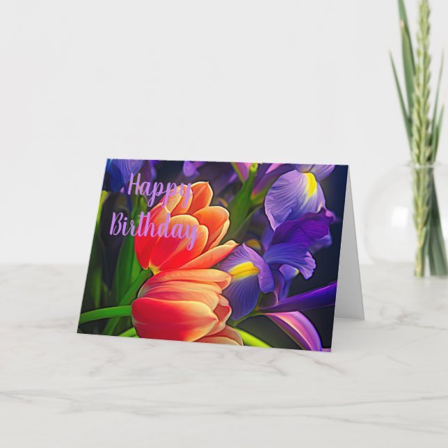 Colourful Tulips and Iris Flowers Birthday Wishes Card (Front)