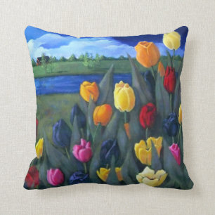 Colourful Tulips: Dutch, Holland: Acrylic Painting Throw Pillow