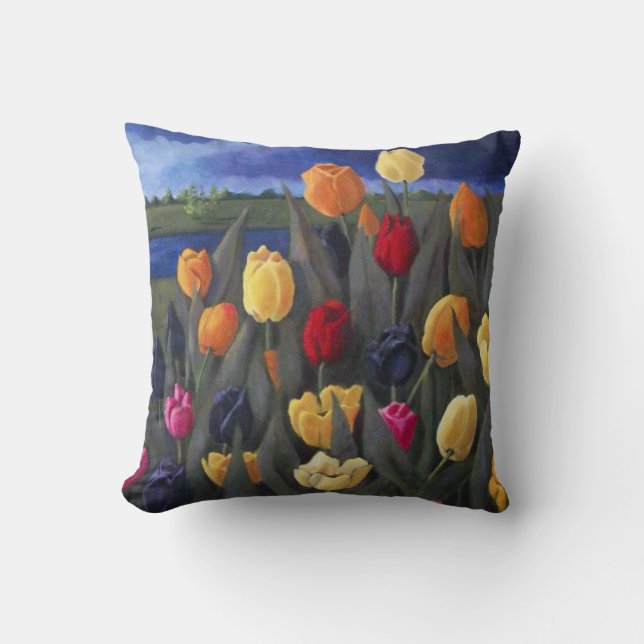 Colourful Tulips: Dutch, Holland: Acrylic Painting Throw Pillow (Front)
