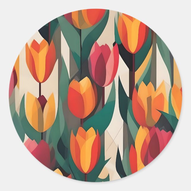 Colourful Tulips Geometric Classic Round Sticker (Front)