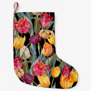 Colourful tulips, isolated black background. small christmas stocking
