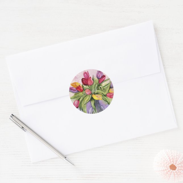 Colourful Tulips Watercolor Floral Classic Round Sticker (Envelope)