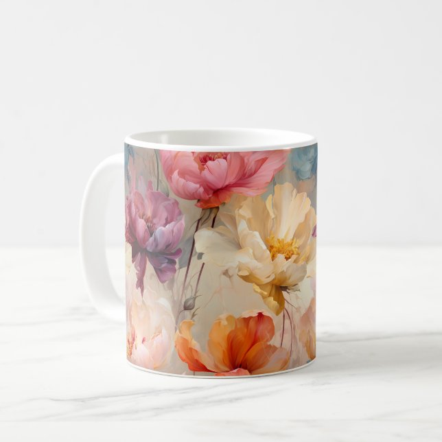 Colourful Tulips Watercolor Floral Pattern Coffee Mug (Front Left)