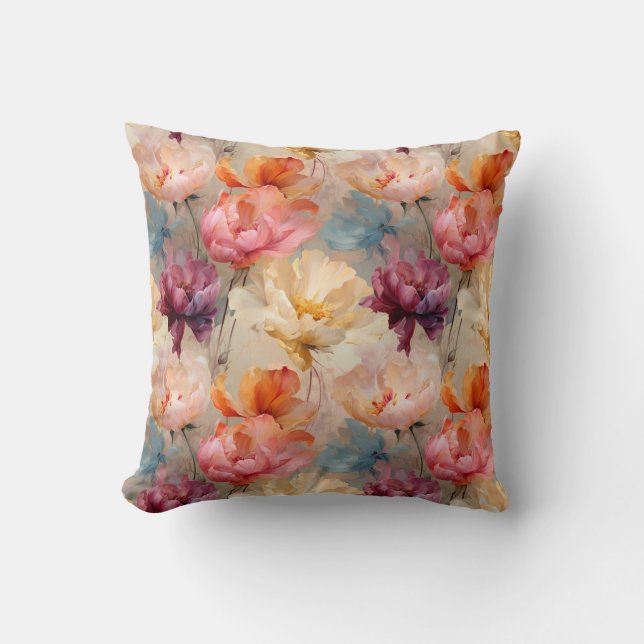 Colourful Tulips Watercolor Floral Pattern Throw Pillow (Front)