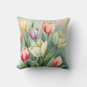 Colourful Tulips Watercolor Romantic Throw Pillow