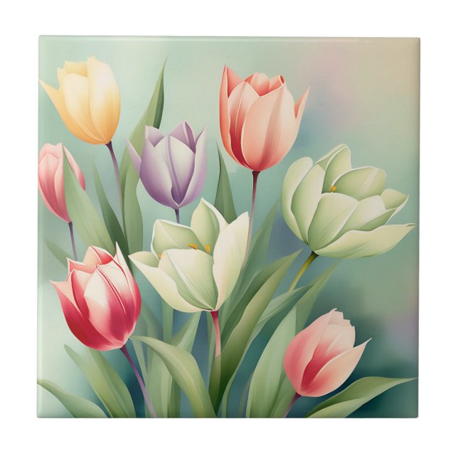 Colourful Tulips Watercolor Romantic Tile (Front)