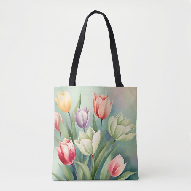 Colourful Tulips Watercolor Romantic Tote Bag (Front)