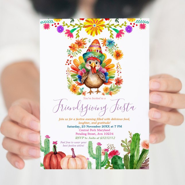 Colourful Turkey Floral Cactus Friendsgiving Fiest Invitation (Creator Uploaded)