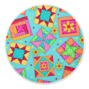 Colourful Turquoise Blue Quilt Patchwork Block Art Ceramic Knob