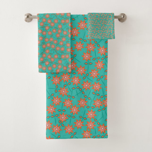 Colourful Turquoise & Coral Orange Flower Pattern Bath Towel Set (Insitu)