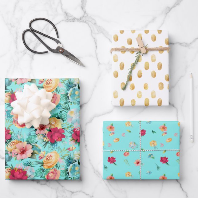 Colourful Turquoise Floral Gold Glitter Wrapping Paper Sheet (Front)