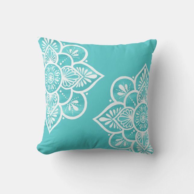 Colourful Turquoise White Mandala  Outdoor Pillow (Front)
