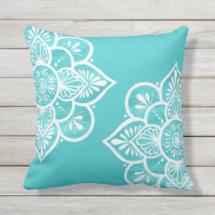 Colourful Turquoise White Mandala  Outdoor Pillow