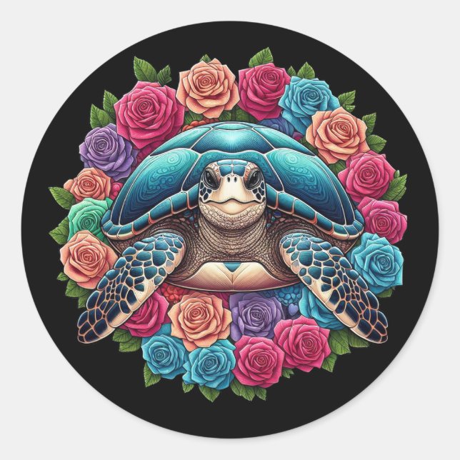 Colourful Turtle Illustration Surrounded by Roses Classic Round Sticker (Front)