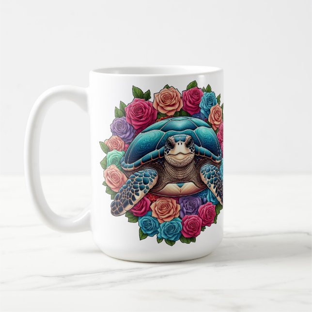 Colourful Turtle Illustration Surrounded by Roses Coffee Mug (Left)