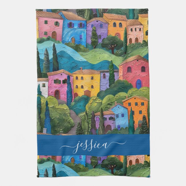 Colourful tuscany pattern script name kitchen towel (Vertical)