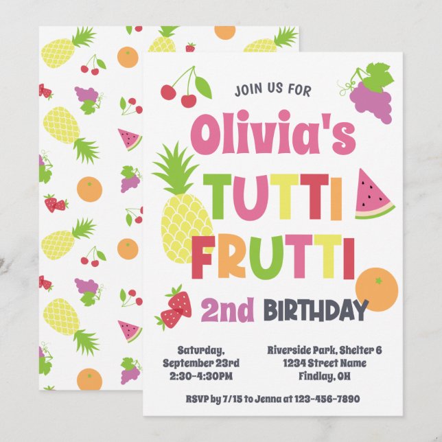 Colourful Tutti Frutti Birthday Party, Any Age Invitation (Front/Back)