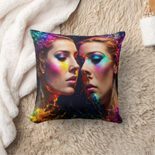 Colourful Twin Faces With Neon Effects at Night Throw Pillow